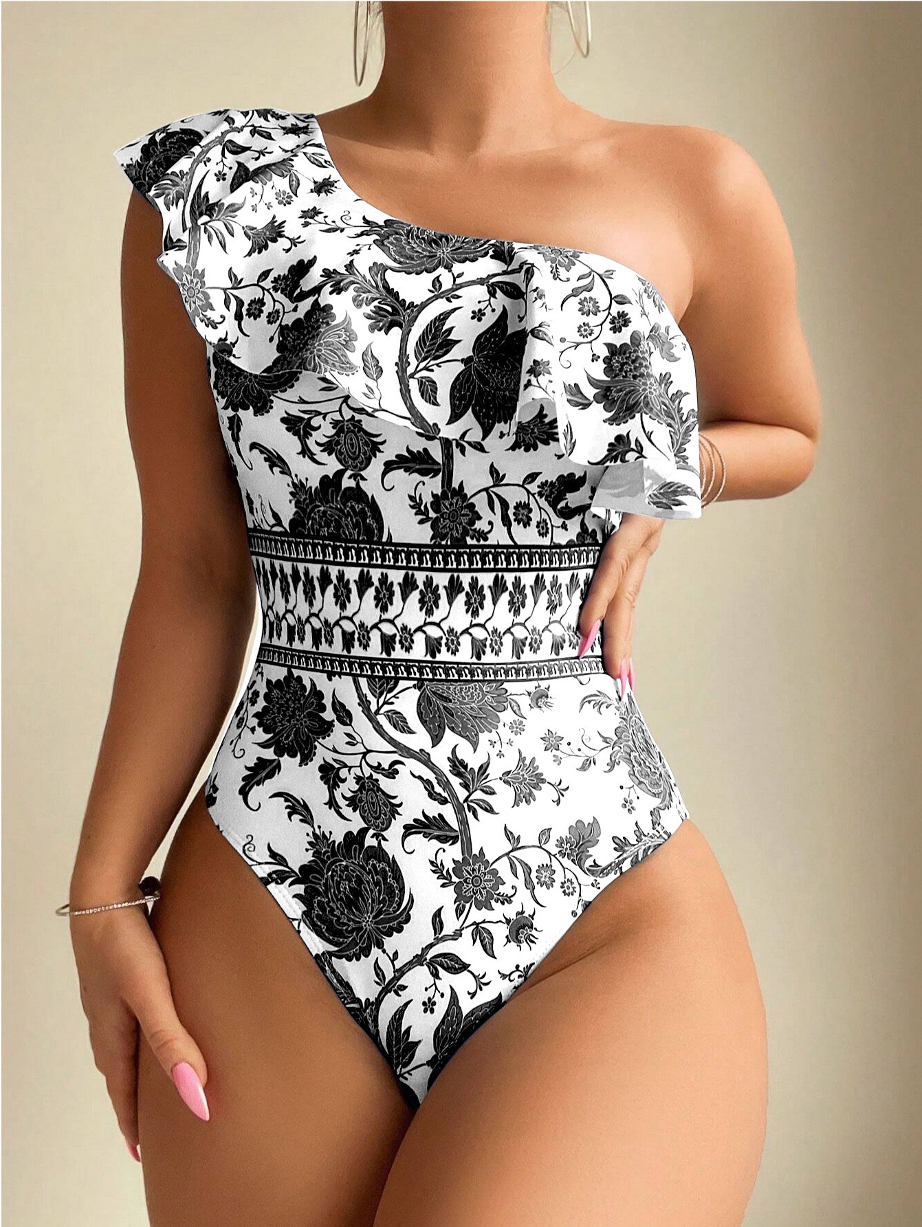 201g Weight Sleeveless Sleeve Length Polyester Fabric Type Regular Top Length Bodysuit Tops Type Swimming Occasion One Shoulder Neckline Skinny Fit Type Flower Pattern Women's Gender Bohemian Style Women's Bohemian Flower One Piece Swimwear 8