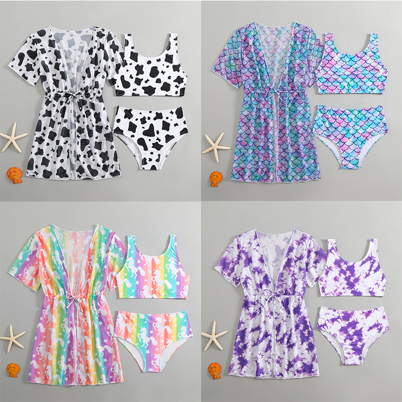 2025 New Mesh Three-piece Children's Swimsuit Women's Cross-border Amazon Printed Girls' Split Middle and Big Children's Swimsuit