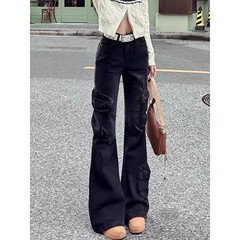 アメリカンレトロブラックマイクロフレアワークジーンズ女性用春と秋のホットガールマルチポケットハイウエストスリムストレートロングパンツ