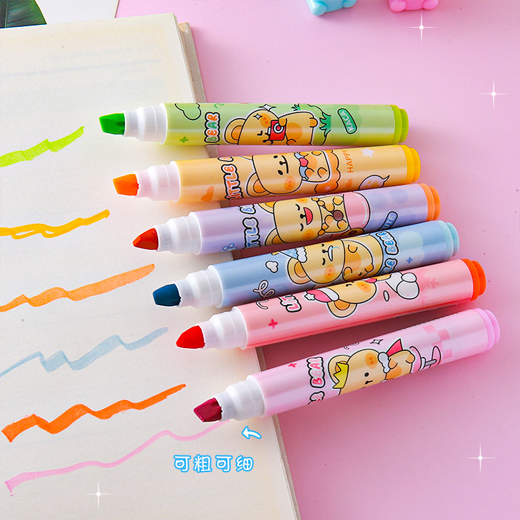 Exhibición en caja resaltador de oso, papelería para estudiantes, resaltador oblicuo de alto valor, marcador de clase, libro de mano de color