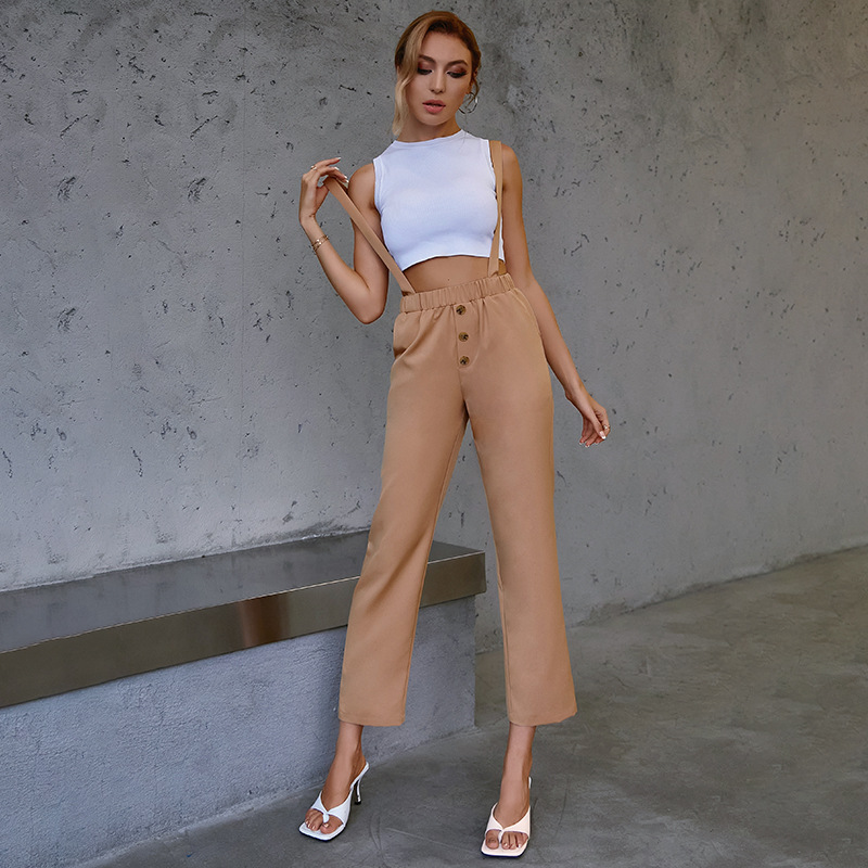 women s straight leg high waist trousers with shoulder straps nihaostyles clothing wholesale NSWX79857