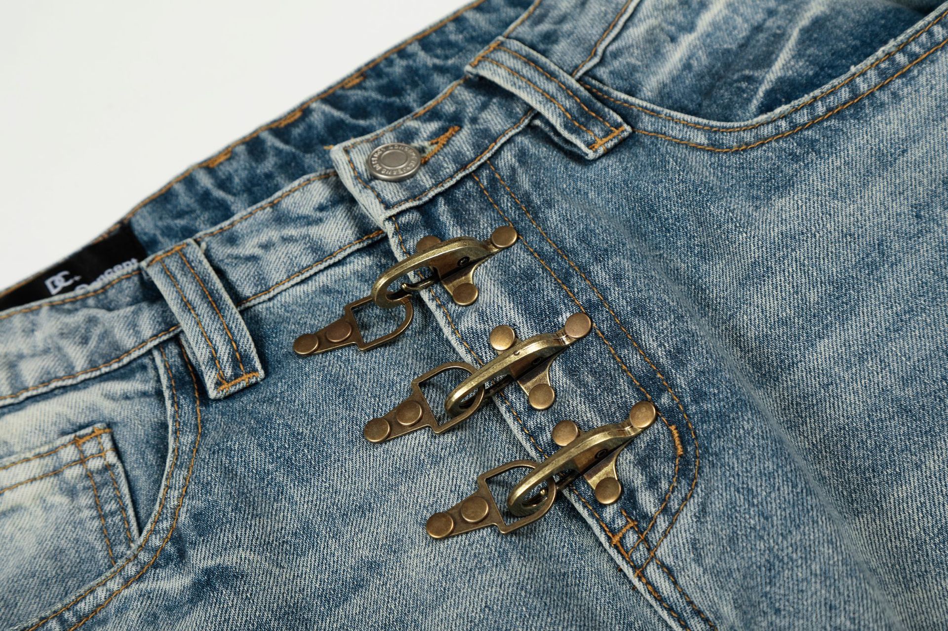 Vintage Distressed Flared Denim Jeans High Street Cotton Blend_voghion.com