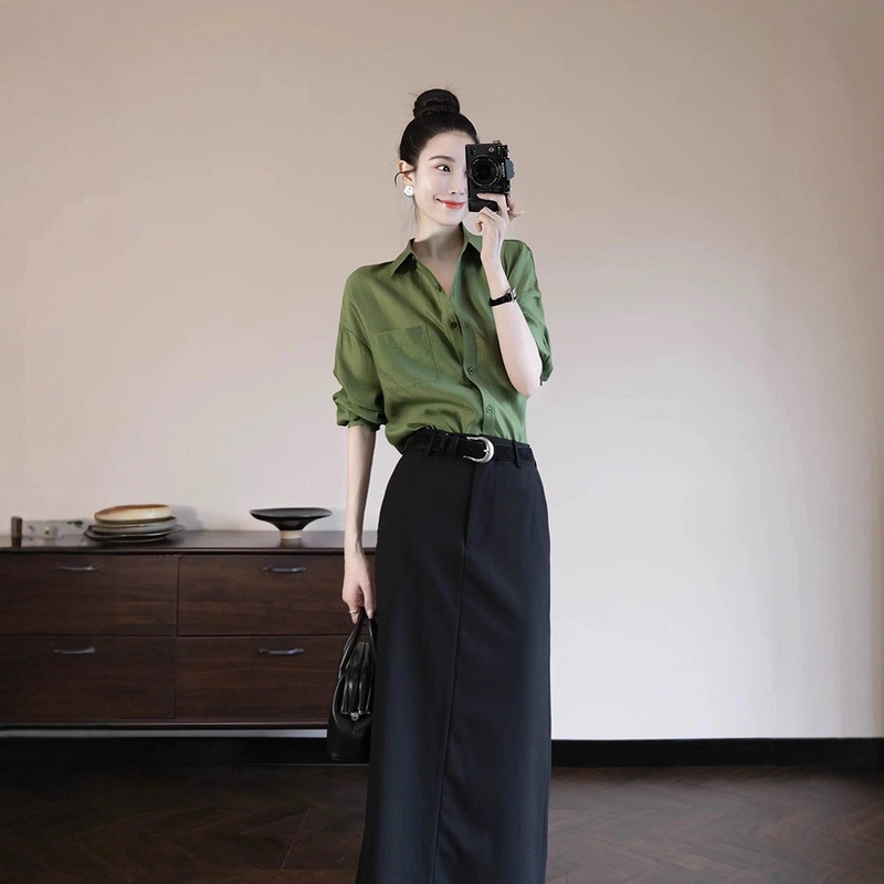 Autumn Outfit with a High-End, Light Luxury, Youthful, and Stylish Green Long-Sleeve Shirt and Skirt Professional Suit for Women Autumn Outfit with a High-End, Light Luxury, Youthful, and Stylish Green Long-Sleeve Shirt and Skirt Professional Suit for Women