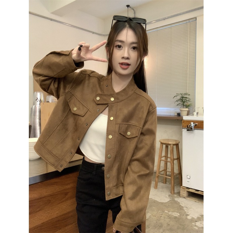 Maillard Coffee-Colored Deerskin Suede Jacket for Women, Spring and Autumn Design, Niche Petite Short Biker Jacket Top