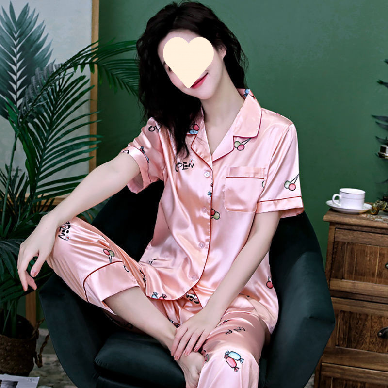 夏天女士冰丝两件套装睡衣女夏季短袖丝绸薄款网红大码家居服春秋