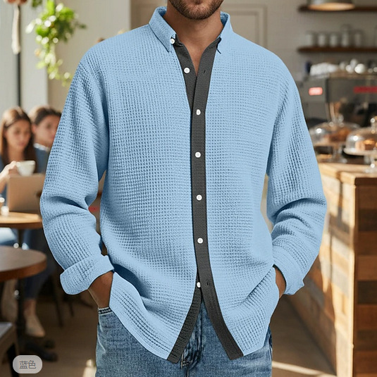 2025 Autumn and Winter Men's Warm Fleece-Lined Color-Blocked Waffle Long-Sleeve Shirt Cardigan
