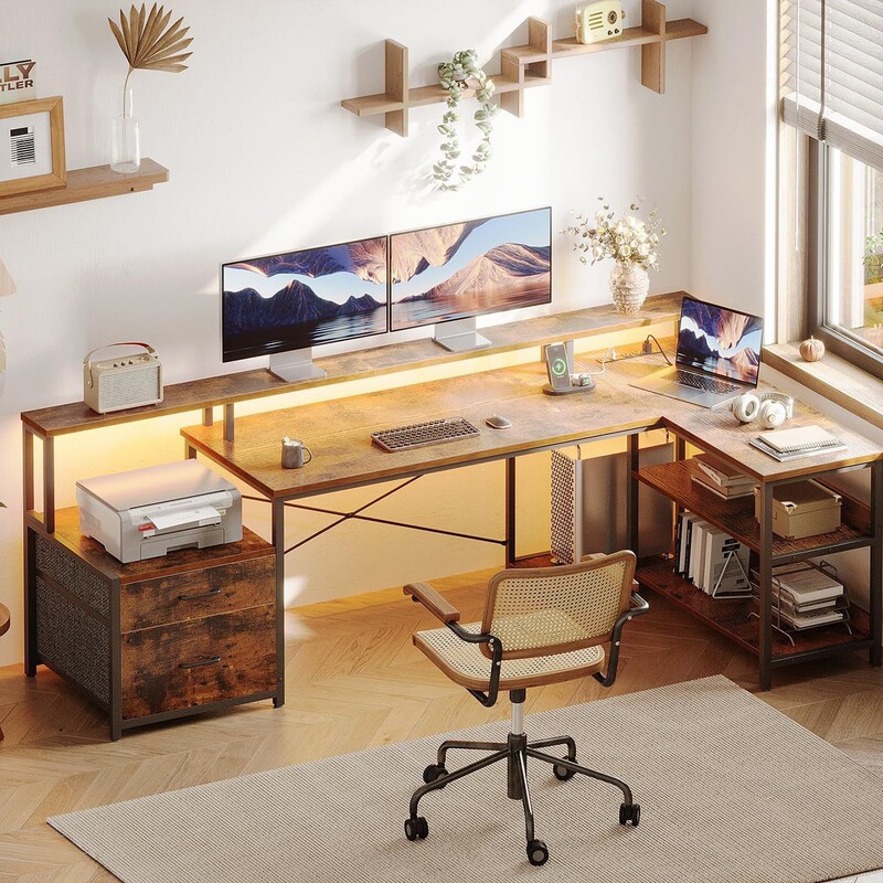 Cross-Border Popular L-Shaped Computer Desk with Storage Rack, Practical File Drawer, Power Outlet, Led