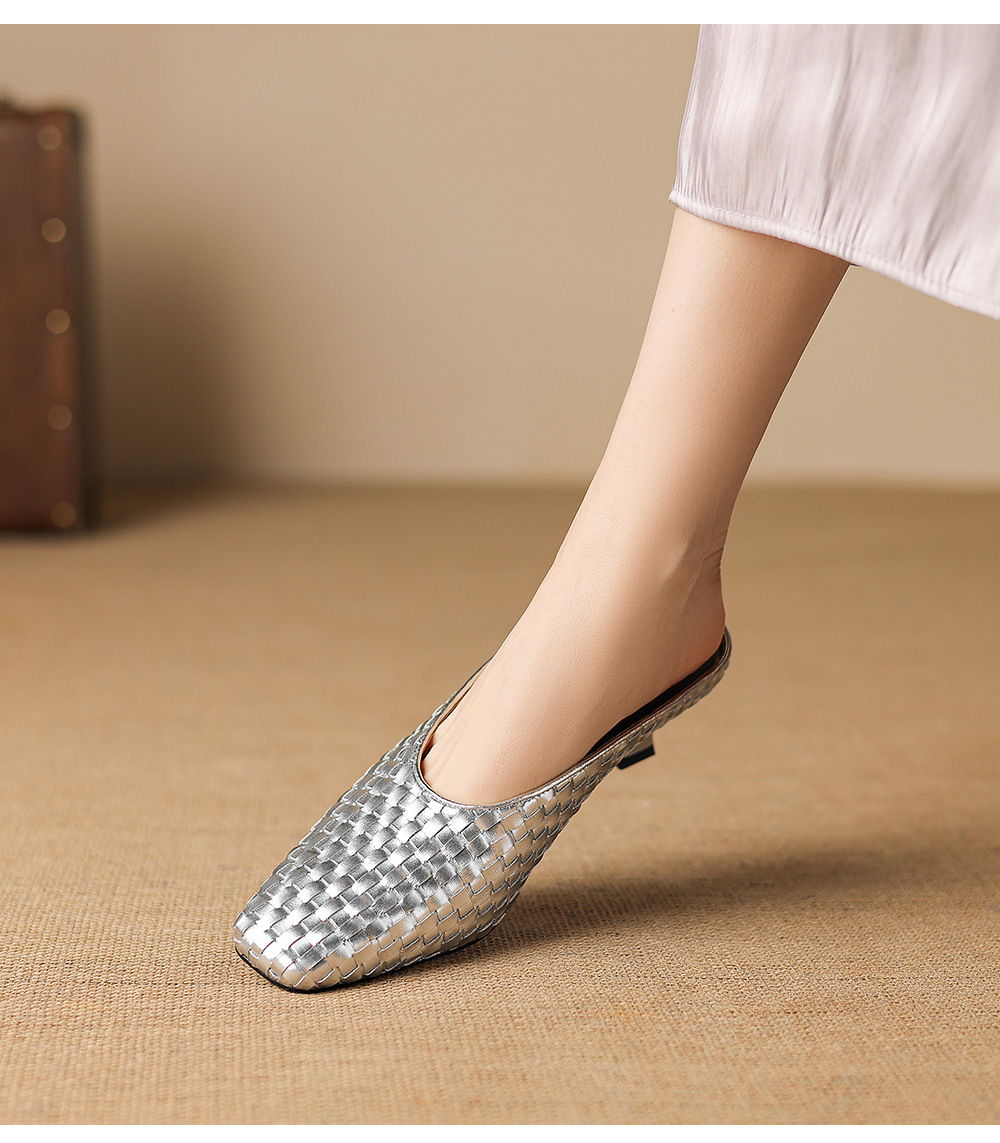 Sandal nữ mũi nhọn dệt vàng, gót 5 cm, phong cách thời trang — màu vàng chi tiết 15