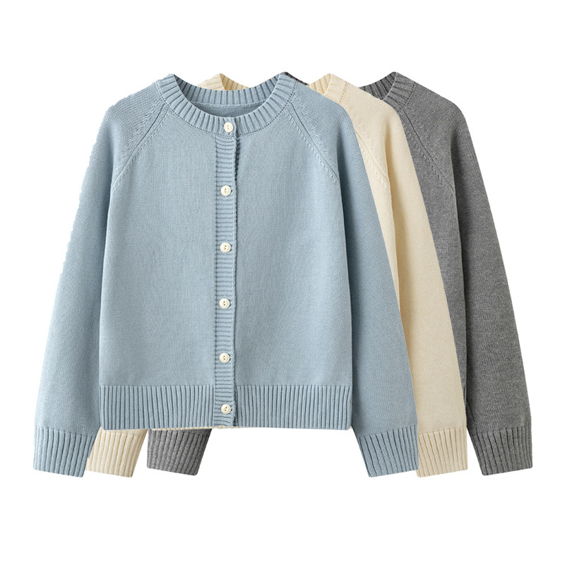 100% Cotton light blue Long Sleeve Jacket Knitted Sweater Short Top Autumn Loose Sweater New Gentle Cardigan