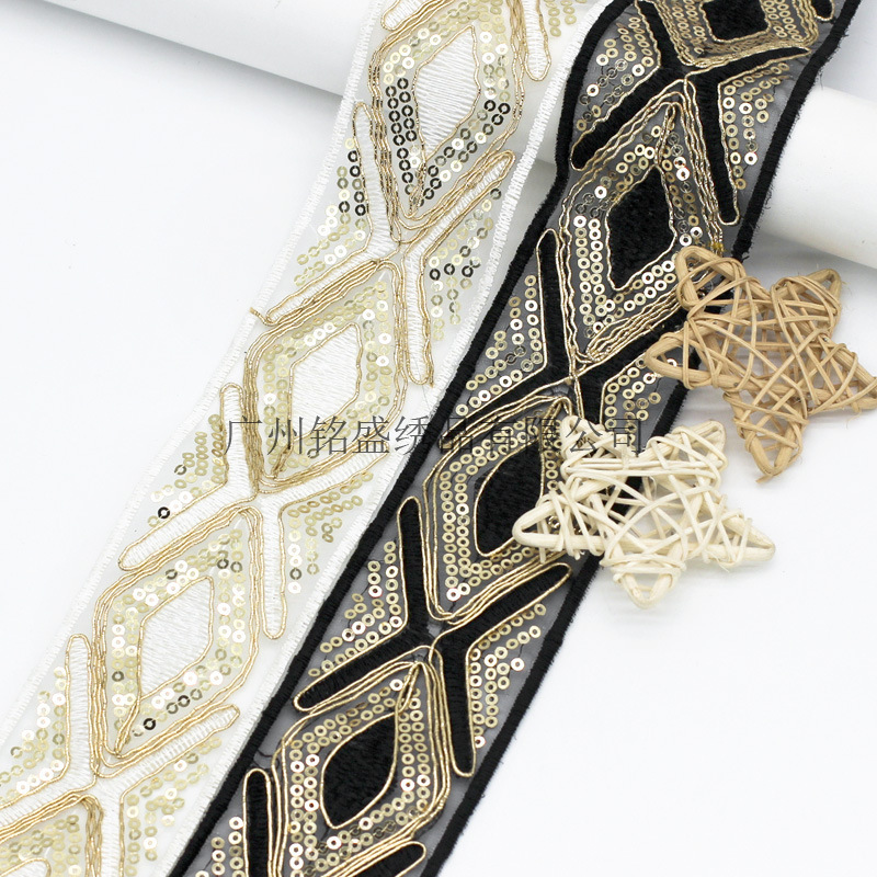 Mesh diamond embroidery lace gold strand sequins bar code ethnic Hanfu children's clothing accessories wholesale