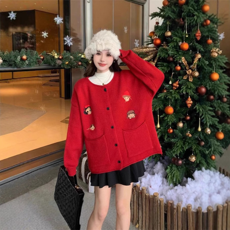 Lazy Style Red Christmas Atmosphere Wear Cardigan Sweater Women's Coat Autumn and Winter 2024 New Loose Coat