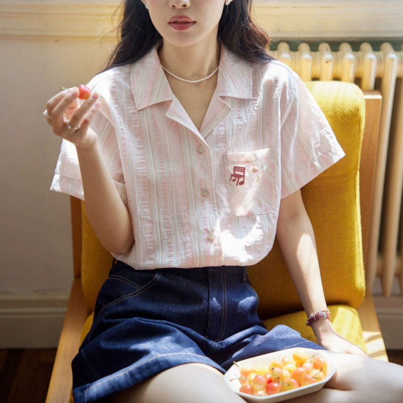 Nov Elist French-Style Cuban Collar Embroidered Short-Sleeve Striped Shirt for Women, New Summer Thin Top