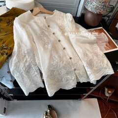 新中国風刺繍長袖シャツ女春夏新作フランス風気質重工花天糸シャツ
