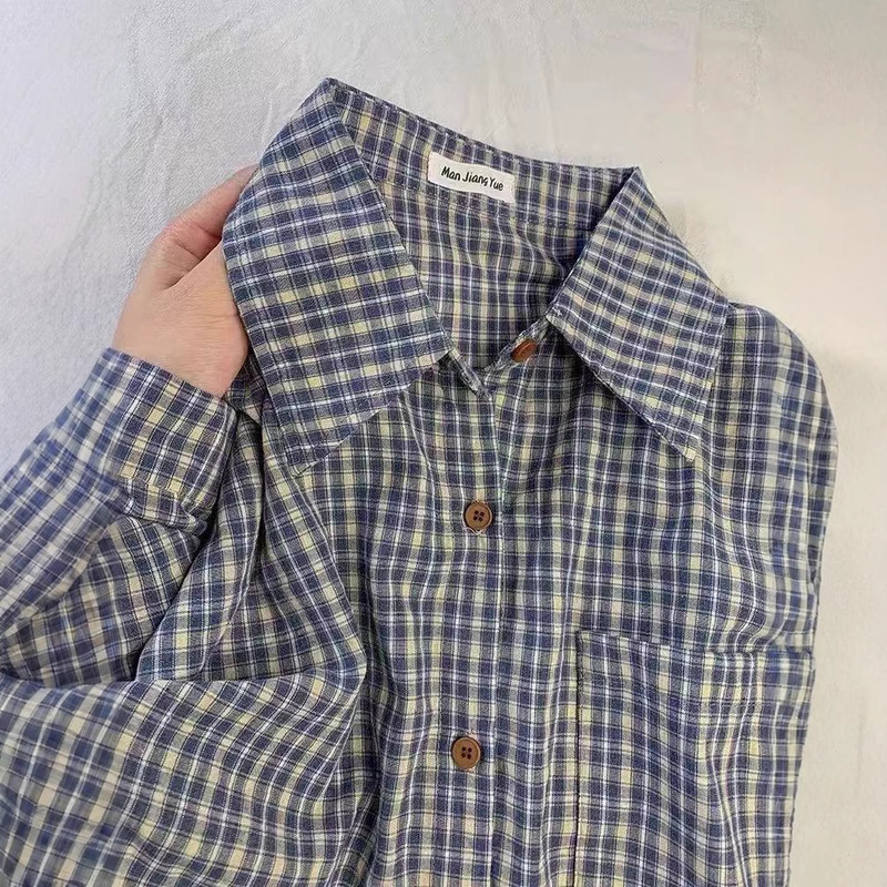 American Style Retro Blue Plaid Shirt Women's 2025 Spring New Design Sense Loose Casual All-Match Long-Sleeved Trendy Top American Style Retro Blue Plaid Shirt Women's 2025 Spring New Design Sense Loose Casual All-Match Long-Sleeved Trendy Top