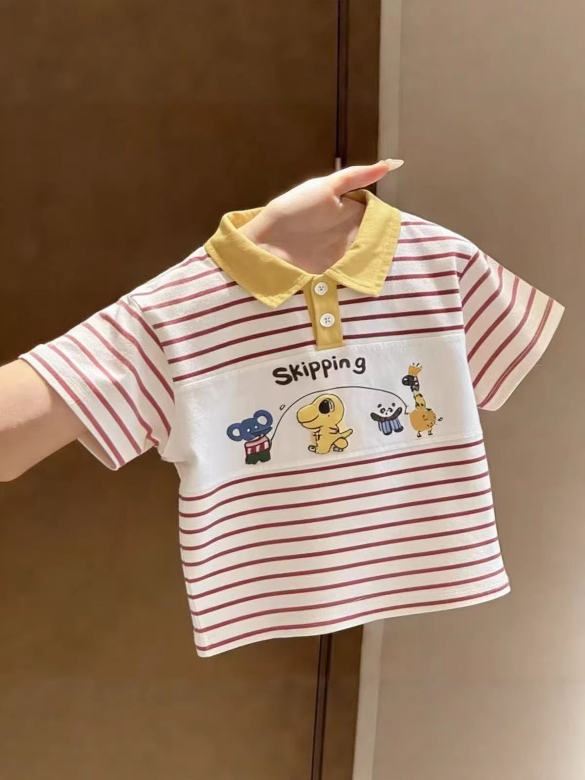 2026 Summer New Pure Cotton Korean Style Striped Polo Shirt T-Shirt for Boys and Girls with Cute Cartoon Patchwork and Turn-Down Collar