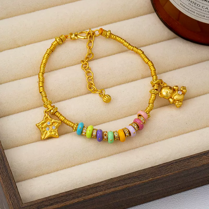 沙金古法手工多巴胺镶嵌锆石星星小熊吊坠手链彩虹盘缠高级感手饰