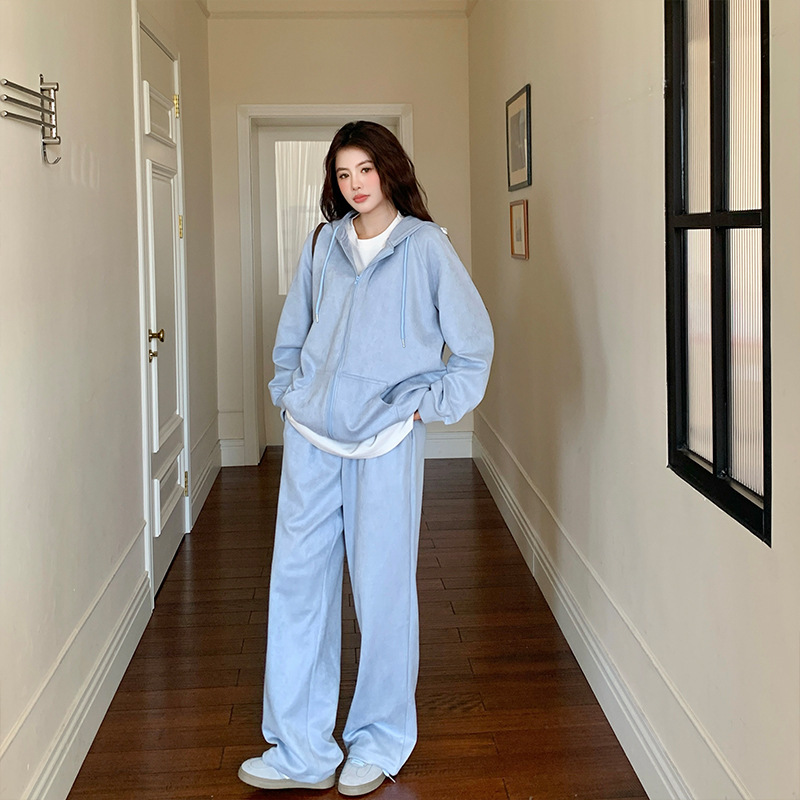 大码女装秋季新款时尚套装显瘦纯色上衣+休闲宽松松紧腰裤两件套|undefined