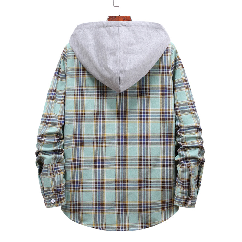 Camicia a maniche lunghe casual alla moda di grandi dimensioni con cappuccio scozzese allentato da uomo 2024_voghion.com