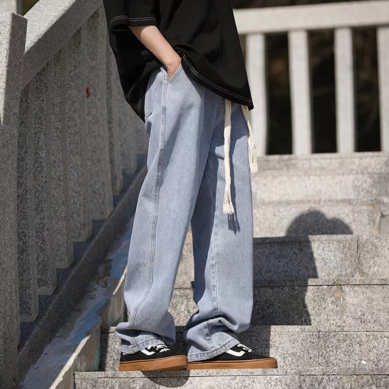 Jeans de cintura elástica de tamaño grande, pantalones rectos masculinos de primavera y otoño, pantalones relajados y versátiles, nuevos pantalones de moda de estilo americano de Hong Kong