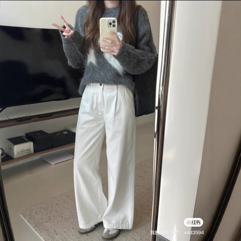 Special Offer, No Returns or Exchanges. Women's Narrow Wide-Leg Jeans with Fleece Lining, New High-Waisted, Loose, Drapey, Floor-Length Straight Pants