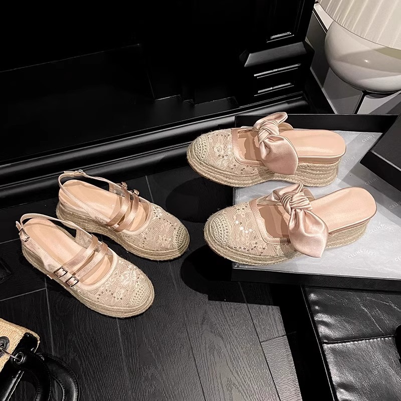 Piel de oveja versión 2025 nuevo verano Baotou sandalias mujer encaje malla hueco transpirable zapatos de plataforma zapatos de pescador tejido de paja