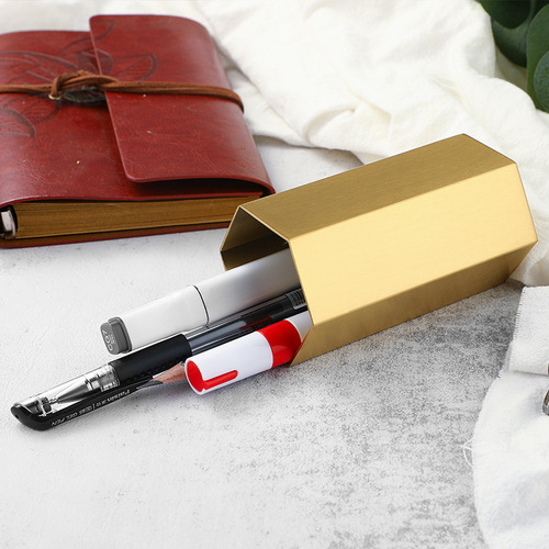 Light luxury metal stainless steel hexagonal diamond pen holder office stationery storage tube desktop ornaments hexagonal storage tube