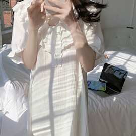 实拍夏季纯色双层棉纱花边领喇叭袖短袖睡衣女连衣裙家居服睡裙