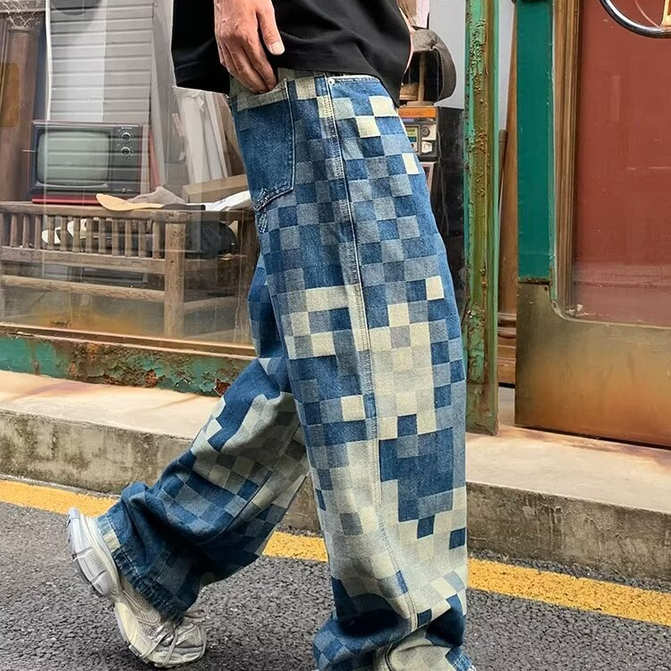 Herrenbekleidung Hochwertige Mosaik Schachbrett Jeans Herren Leicht Luxus Straight Street Trend Casual_voghion.com