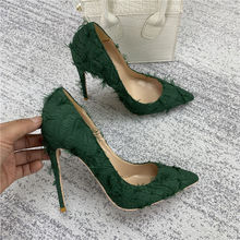 厂家批发春新款绿流苏高跟鞋女细跟10CM性感欧美气质浅口尖头单鞋