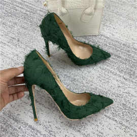厂家批发春新款绿流苏高跟鞋女细跟10CM性感欧美气质浅口尖头单鞋