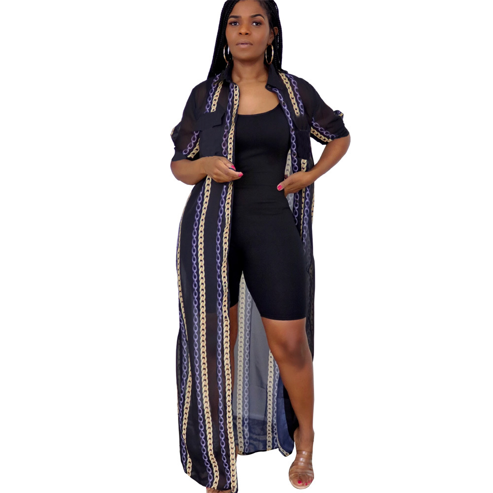 2023网纱透气休闲防晒衬衫短袖连衣裙速卖通 亚马逊欧美性感透视