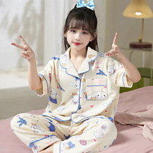 2025款短袖长裤儿童仿棉开衫卡通女孩男童翻领睡衣童装家居服批发