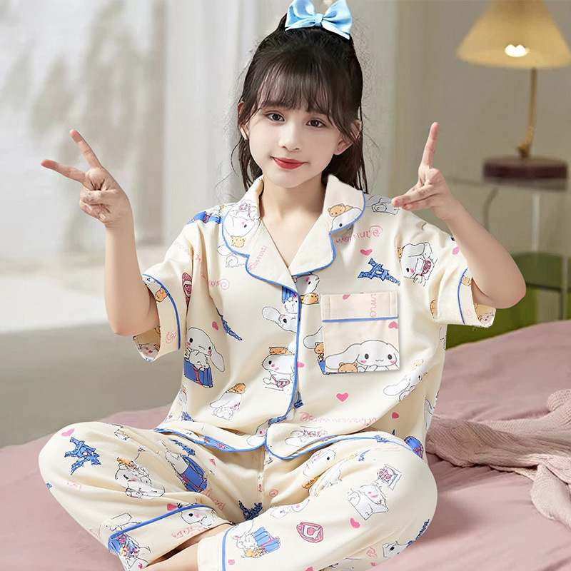 2025款短袖长裤儿童仿棉开衫卡通女孩男童翻领睡衣童装家居服批发
