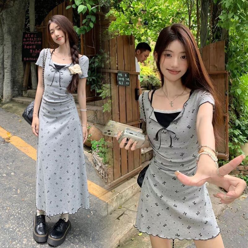High-grade Printed Short-sleeved Pure dress Women's Summer Elegant Lace Waistline Slimming A- line Hip Skirt