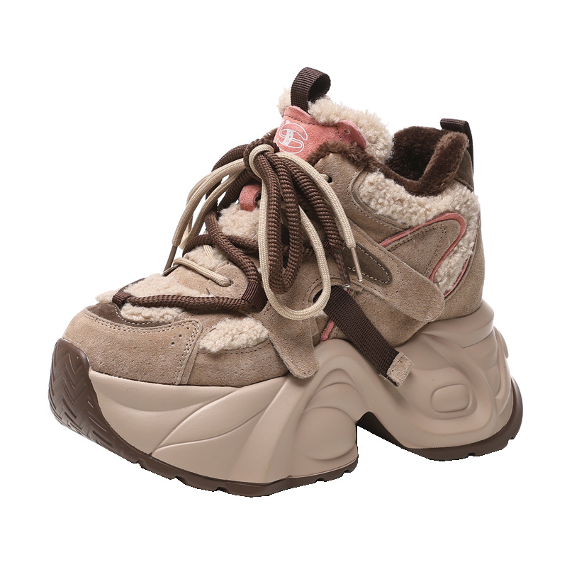 Giày sneaker nữ đế dày độn cao lót nhung mùa đông — Màu đen