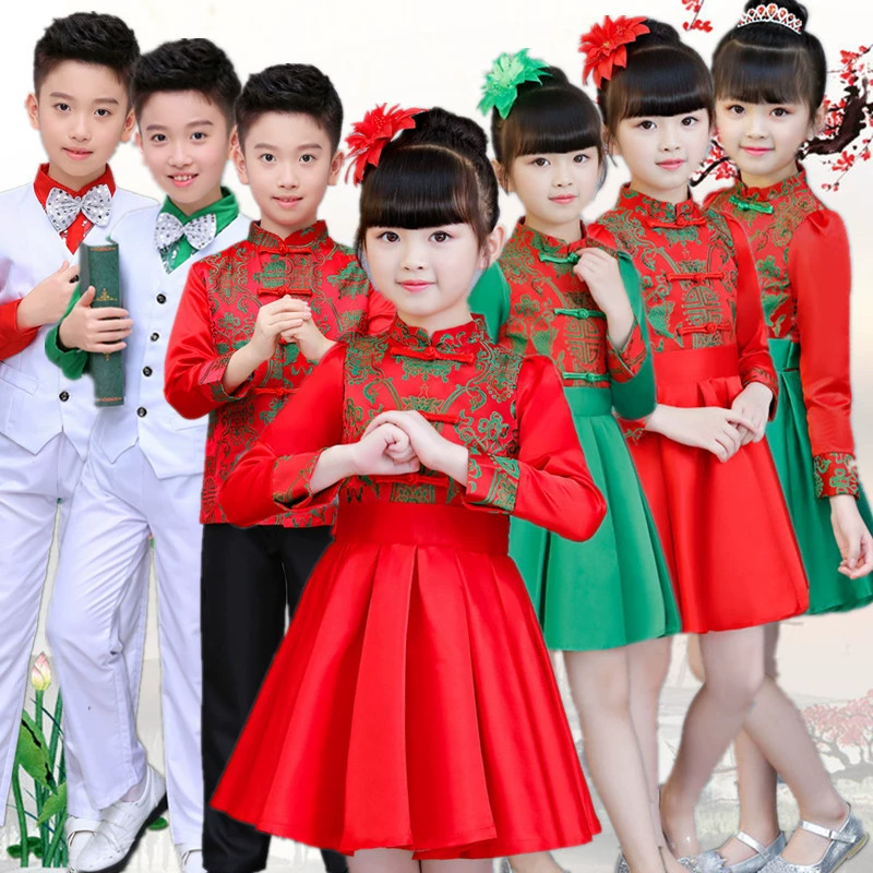 Детский новогодний костюм для праздничного выступления Платье с пайетками для мальчиков и девочек Платье принцессы Платье для хора Костюм для танцевального выступления в китайском стиле