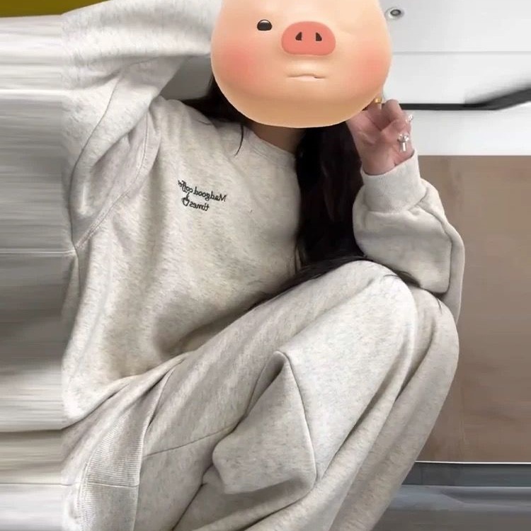 秋冬新款加绒加厚保暖卫衣套装女简约百搭大码宽松休闲运动两件套|undefined