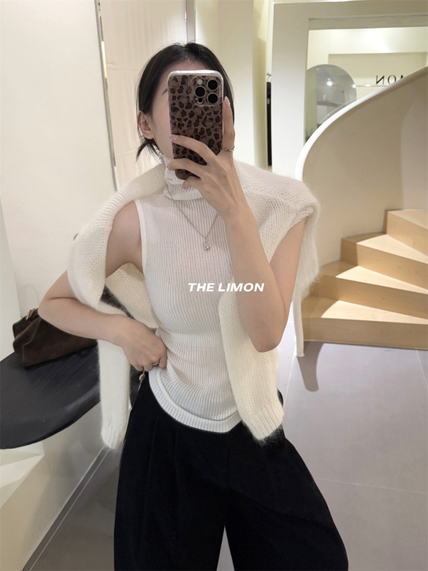 thelimon柠檬绿茶2025秋季新款韩系纯色高领无袖背心针织衫女上衣|undefined