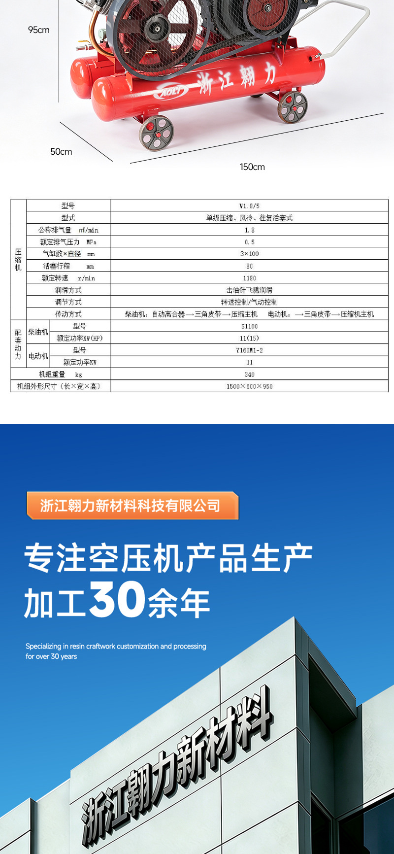 Diesel-powered piston air compressor for mining tunnels, mobile air compressor for outdoor construction sites
