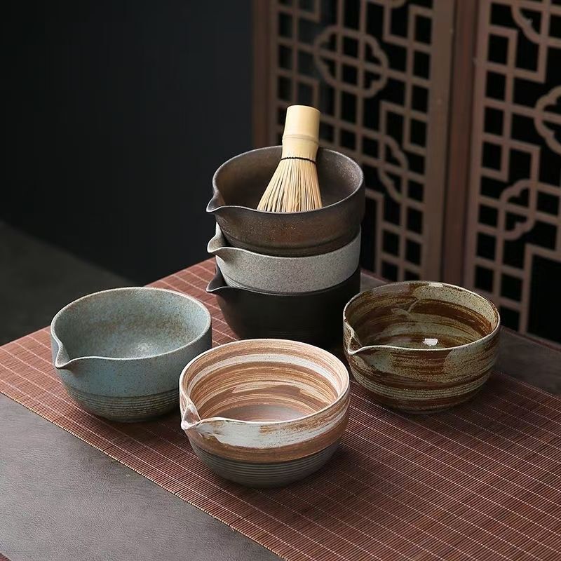 Stoneware Matcha Bowl with Spout, Matcha Tool Brush, Japanese Tea Bowl, Matcha Cup, Stirrer, Tea Whisk Utensil Set