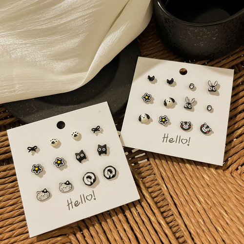 s925 autumn/winter new black earring set simple versatile elegant atmospheric fashionable earrings white-enhancing sweet earring accessories