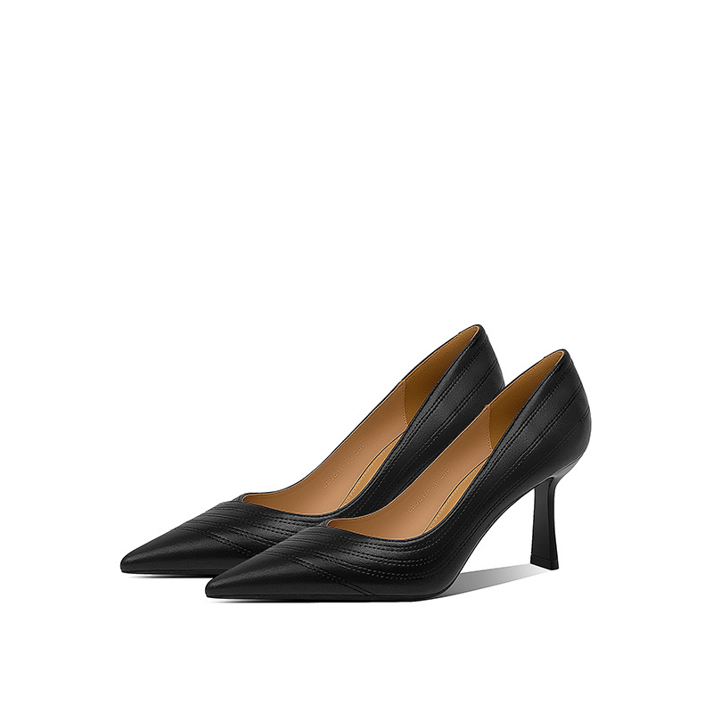 [in Stock] Sheepskin High Heels Women's Stiletto 2025 New Style Shallow Mouth Single Shoes Black Commuting Professional Work Shoes