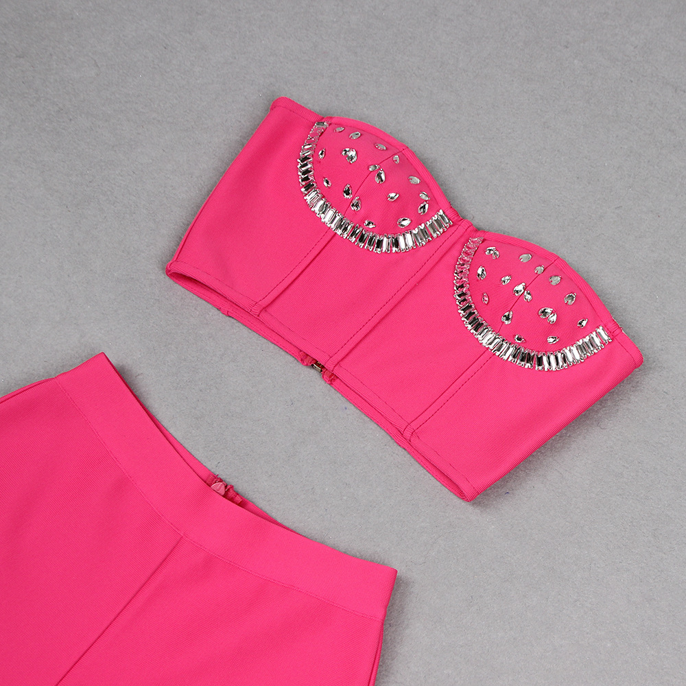 Autumn Summer Women Clothes Sexy Rhinestone Hollow Out Cutout Sheath Bandage Trousers Two Piece Set