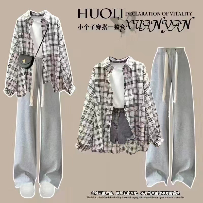 夏の女子学生韓国風ルーズ長袖チェック柄日焼け止め服シャツ+半袖Tシャツ+|undefined