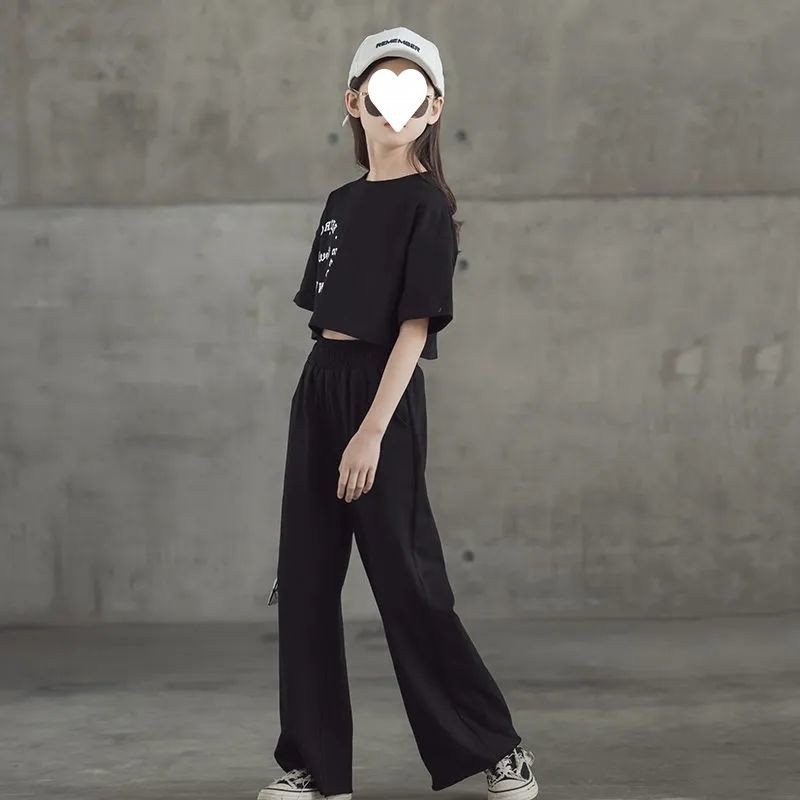 女の子スーツ 2025 夏新スタイル中大型子供ファッショナブルな子供の半袖トップワイドレッグパンツ 2 点セット|undefined