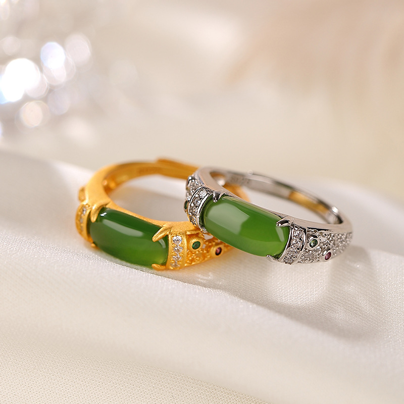 Nhẫn bạc S925 mạ vàng đính đá Hetian jasper rỗng cá tính — Kiểu mạ bạch kim, Kiểu mạ vàng