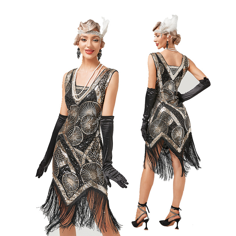 Transfronterizo nuevo bordado pesado con cuentas vestido de lentejuelas vestido de banquete europeo y americano vestido de borla con cuello en V más el tamaño en stock image 7