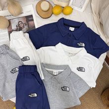 夏季儿童套装跨境专卖男女童休闲刺绣翻领2件套宝宝纯棉运动套装