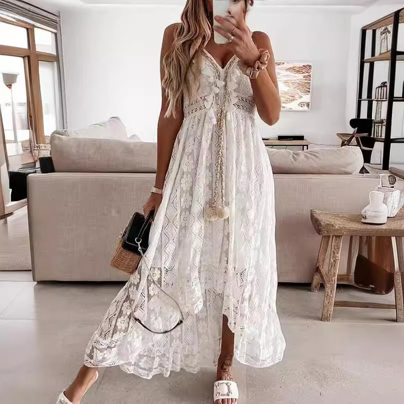 2025 European and American Cross-Border New Cross-Border European and American Lace Suspender Bohemian Large Hem Midi Skirt Dress