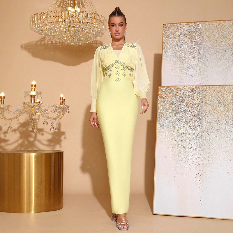 European and American Export Spring & Fall New High-Waisted Rhinestone Bandage Dress Light Yellow V-Neck Long-Sleeved Long Skirt Women's Elegant